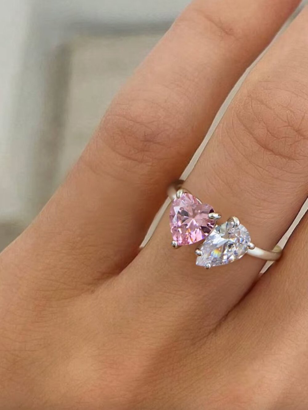 NEW 14k White Gold Pink Sapphire Diamond Ring Heart Pear Cut Sterling Silver